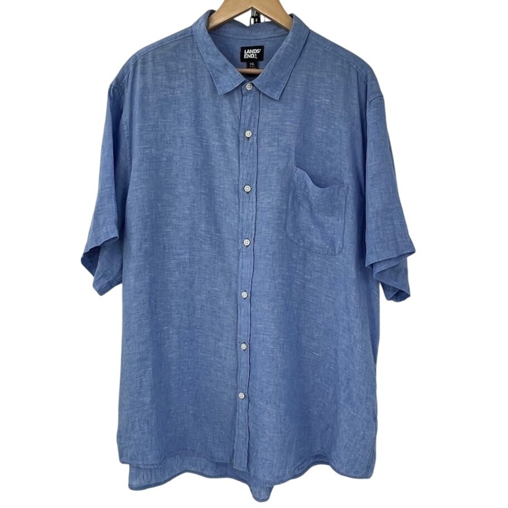 Lands End Mens XXL‎ Blue 100% Linen Short Sleeve Button Up Traditional Fit Shirt